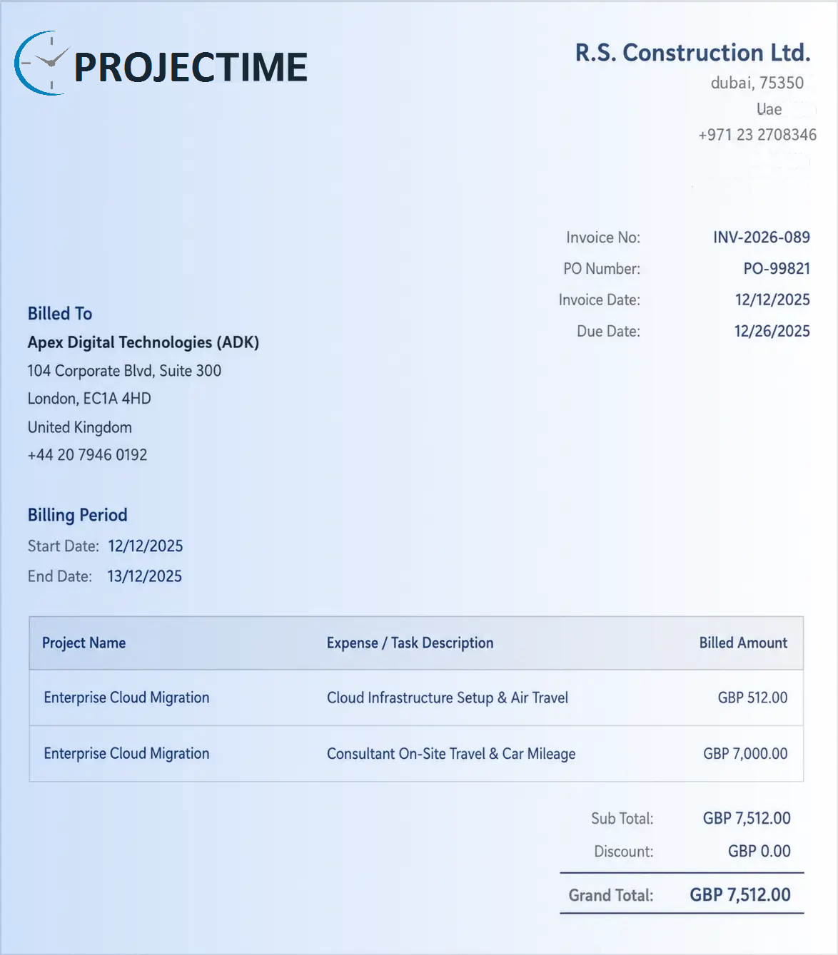 Screenshot of a time live invoice displaying itemized charges